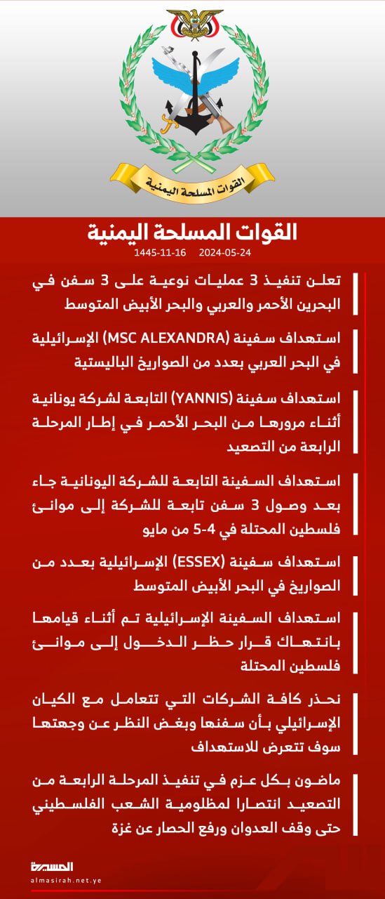 عاجل: القوات المسلحة اليمنية تنفيذ 3 عمليات نوعية على 3 سفن في البحرين الأحمر والعربي والبحر الأبيض المتوسط